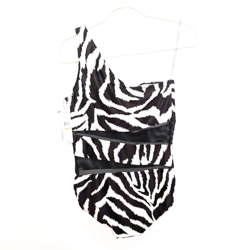 New Carmen Marc Valvo Swimsuit Womens 12 One Piece One Shoulder Black White Mesh - Picture 2 of 4